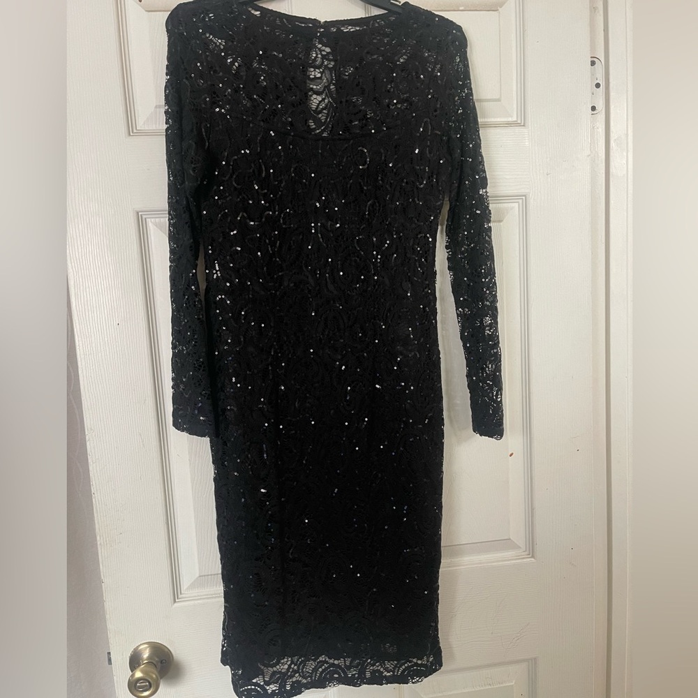MARINA SEQUINE LACE LONG SLEEVE SHEATH BLACK DRESS SIZE 6